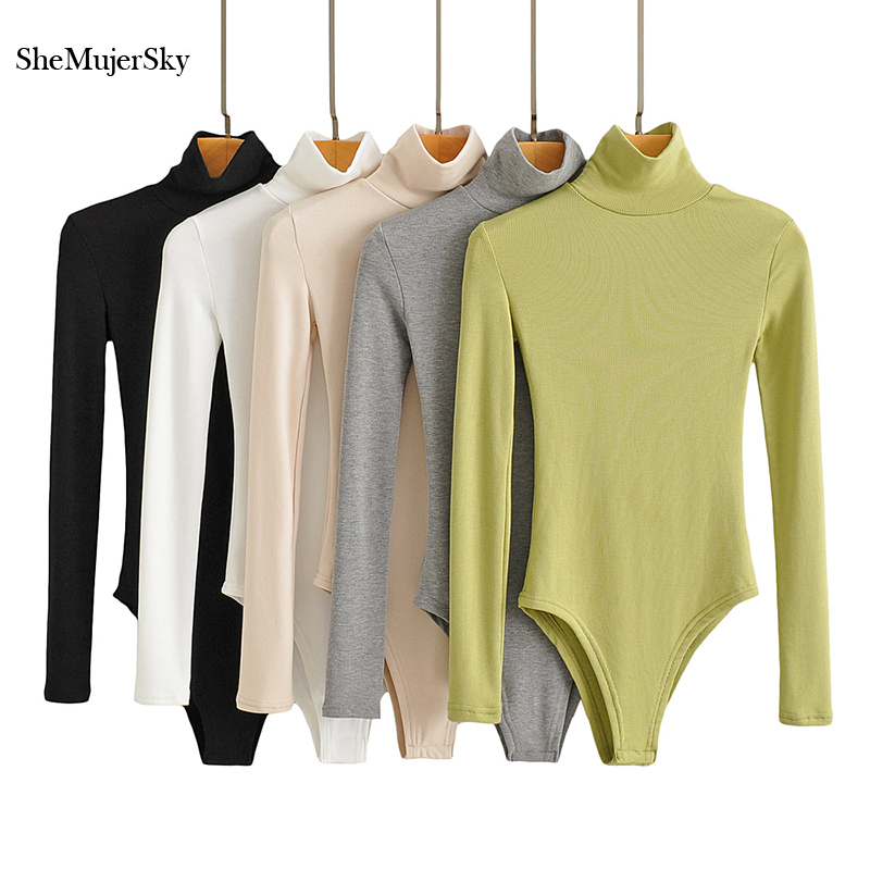 SheMujerSky 女性ニットソリッドカラータートルネックボディスーツトップス春秋長袖弾性スリムジャンプスーツ