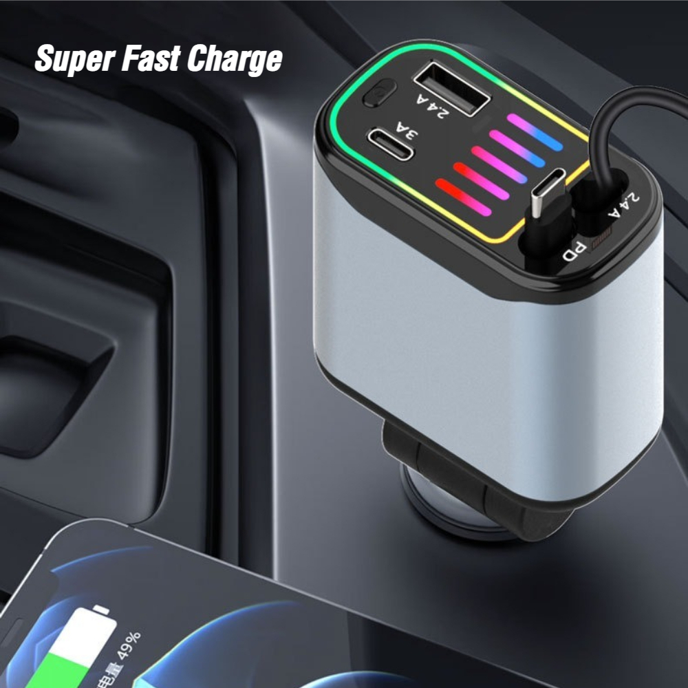 4-in-1 格納式カーチャージャー、USB-C 付き高速充電アダプター