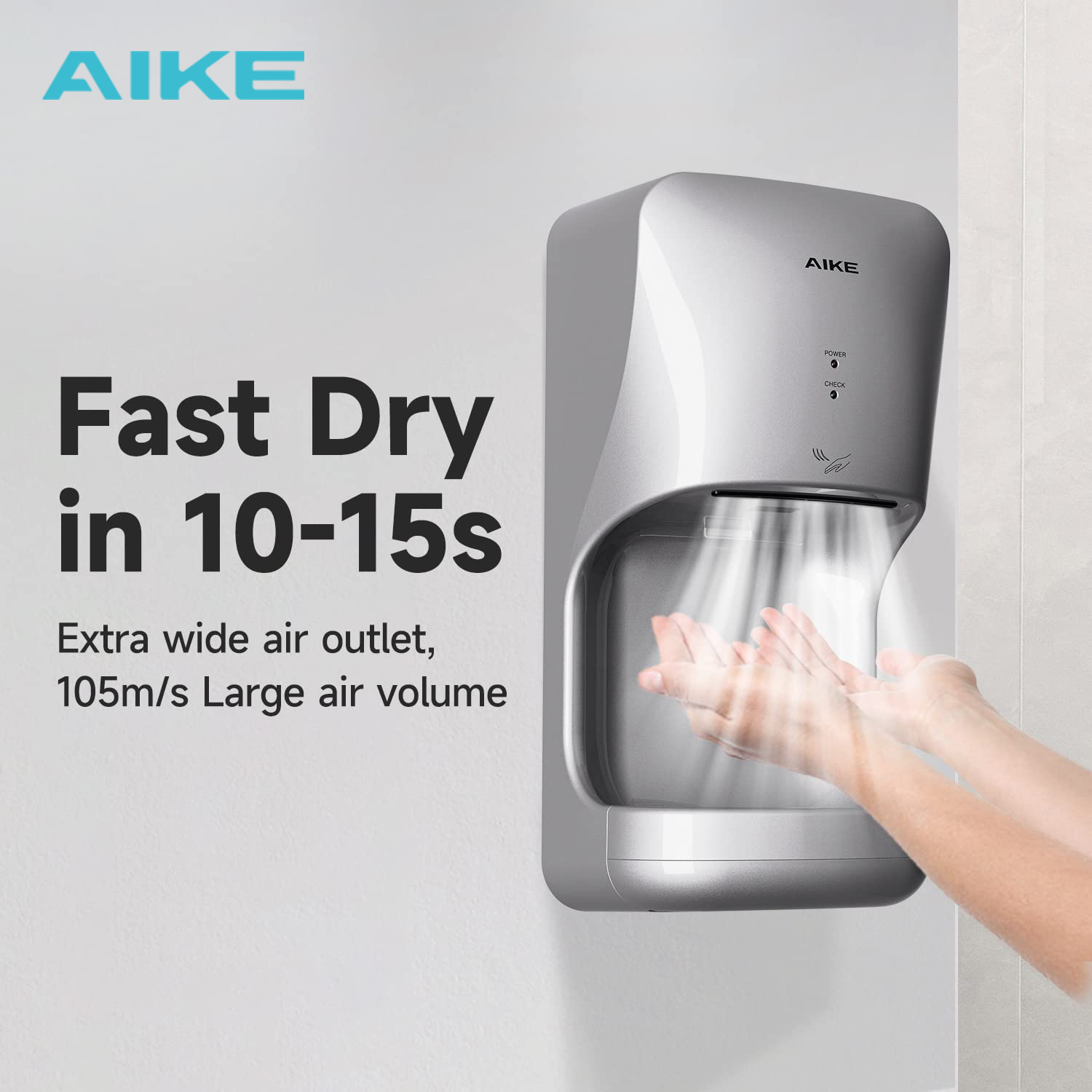 AIKE 自動ハンドドライヤー ドリップトレイ付き 壁掛け高速乾燥機 10-15 秒速乾手モデル AK2632 1400-1650W