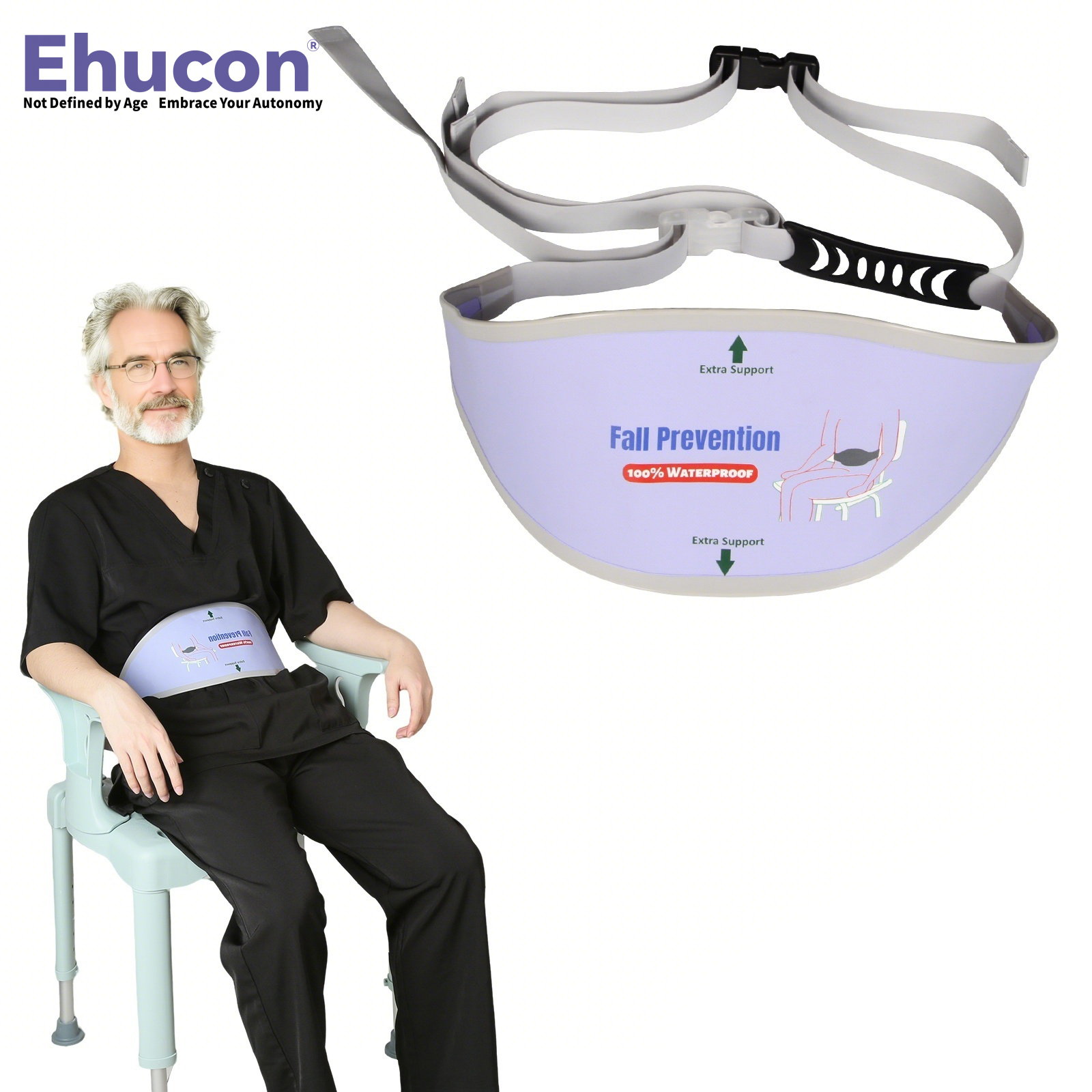 Ehucon シャワーチェア安全ベルト、幅広のパッド入りサポート付き滑り止めストラップ、高齢者向けの調節可能な防水落下防止ベルト