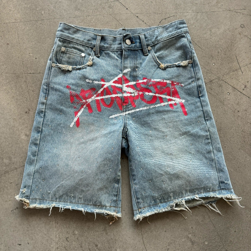 Y2K グラフィティ Jorts ラインストーンユーズド加工プリントデニムショーツ男性女性トレンドレトロヒップホップストリートユニセックスだぶだぶのショートパンツ