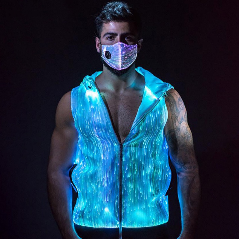 2026 男性光ファイバー生地ノースリーブパーカー Y2K ハイストリートジャケット LED カラフルな発光ベストトップスナイトクラブ衣装