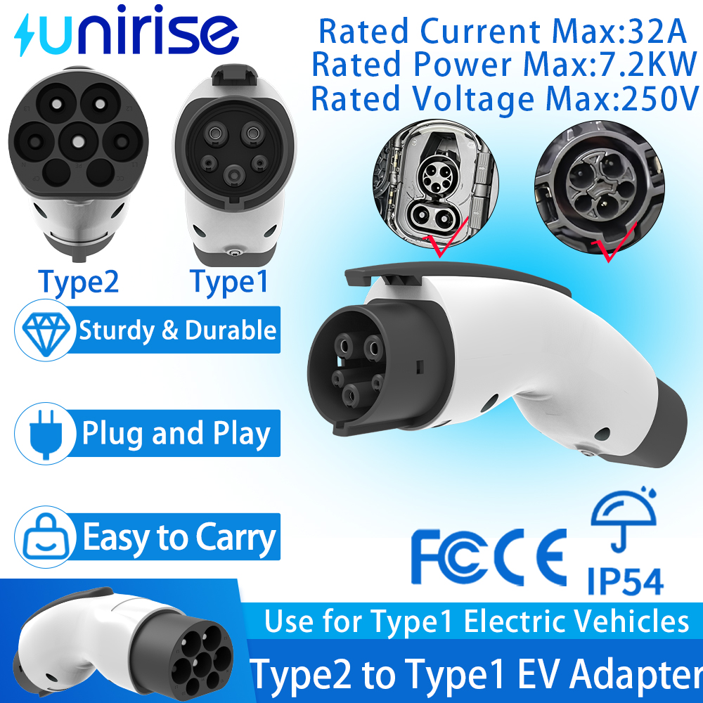 Unirise EV アダプター タイプ 2 からタイプ 1 32A AC 電気自動車用タイプ 2 充電器と互換性あり、タイプ 1 ソケット充電コンバーター付き