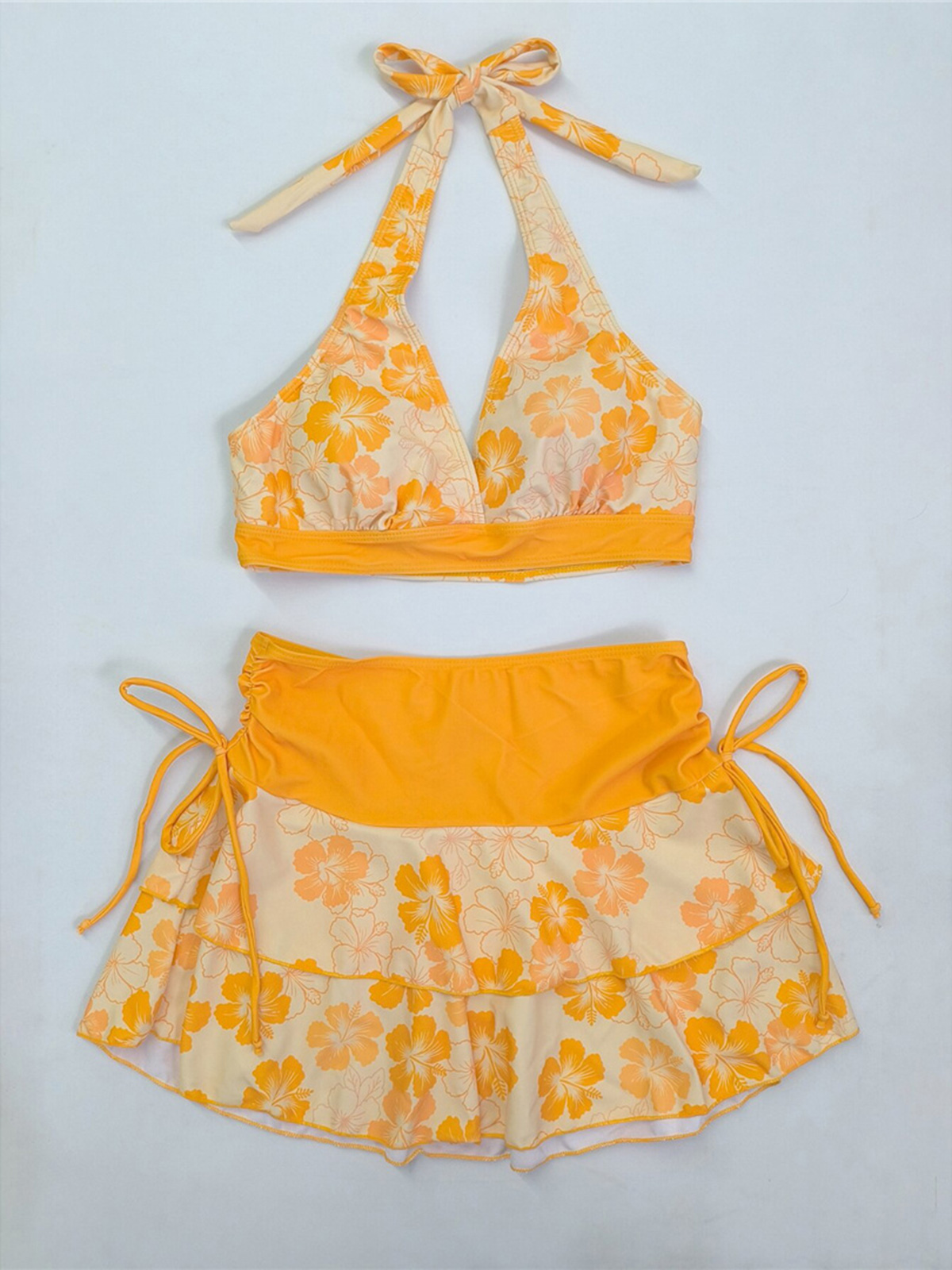 S - XL スカート付きプリントホルタービキニ女性水着女性水着入浴者水着水泳 3 ピースビキニセット K8230