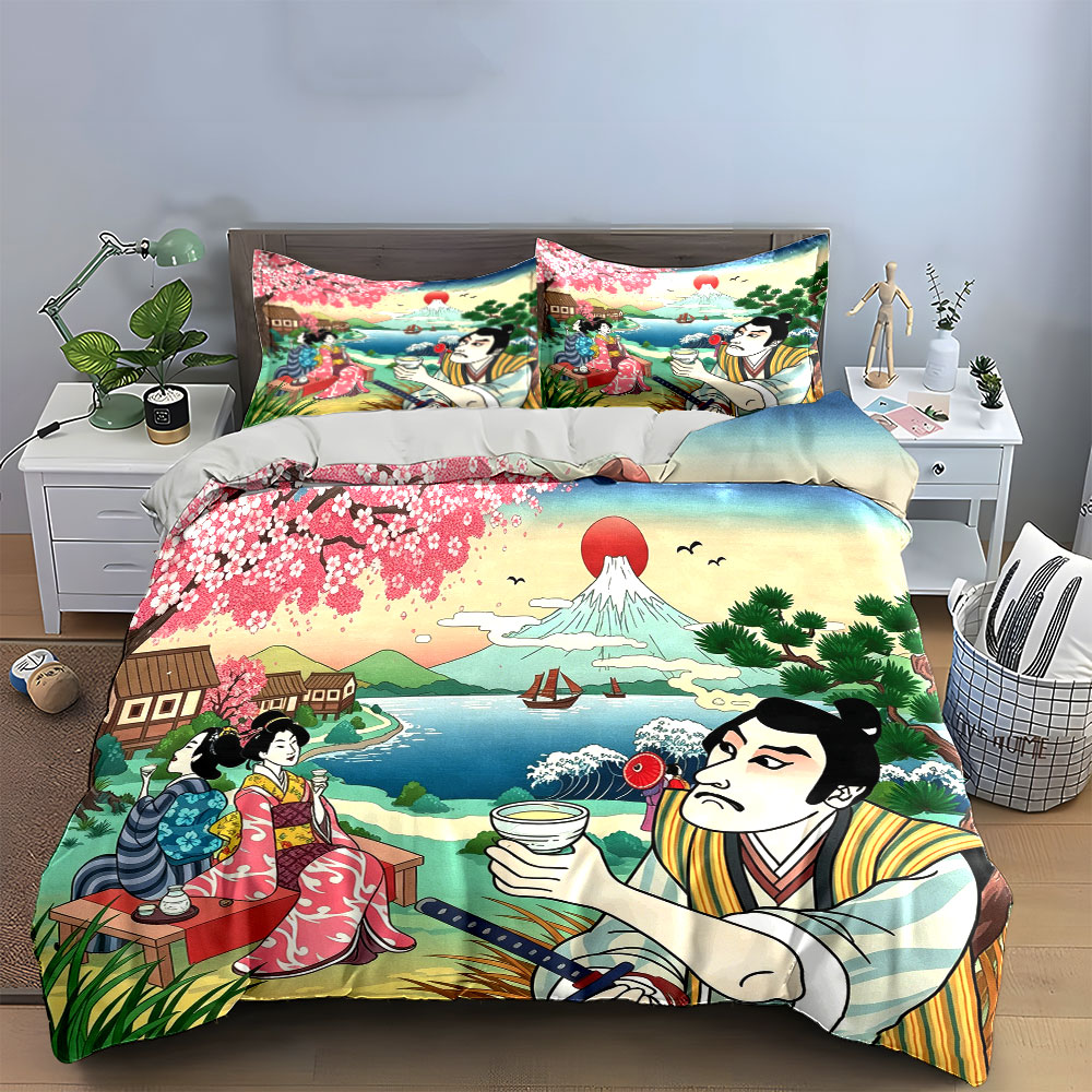 日本の浮世絵武士富士山寝具セット、桜海波着物レディースティータイムプリント 1 掛け布団カバー 2 枕カバー