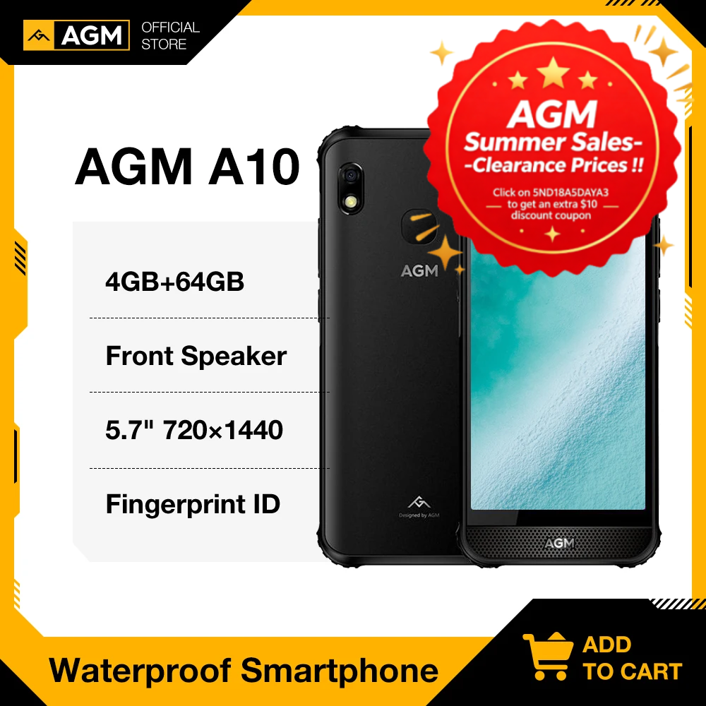 AGM A10 頑丈なスマートフォン 5.7 インチ 3/4GB 64G IP68 防水携帯電話、フロント スピーカーおよび NFC 付き