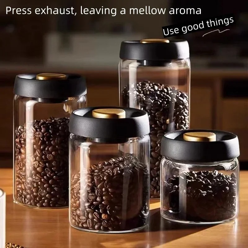 手動真空密封コーヒージャー高ホウケイ酸ガラス防湿茶保存容器キッチンコーヒー用