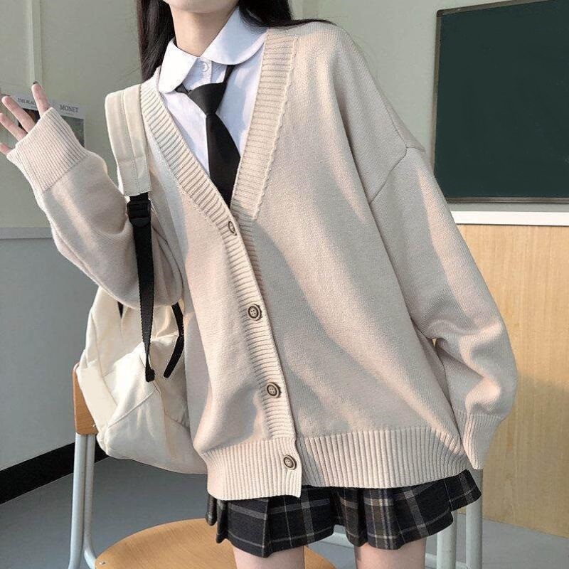 女性ニットカーディガンカレッジスタイルガールズセーター女性ルーズカーディガン女性セーターコート女性の上着制服