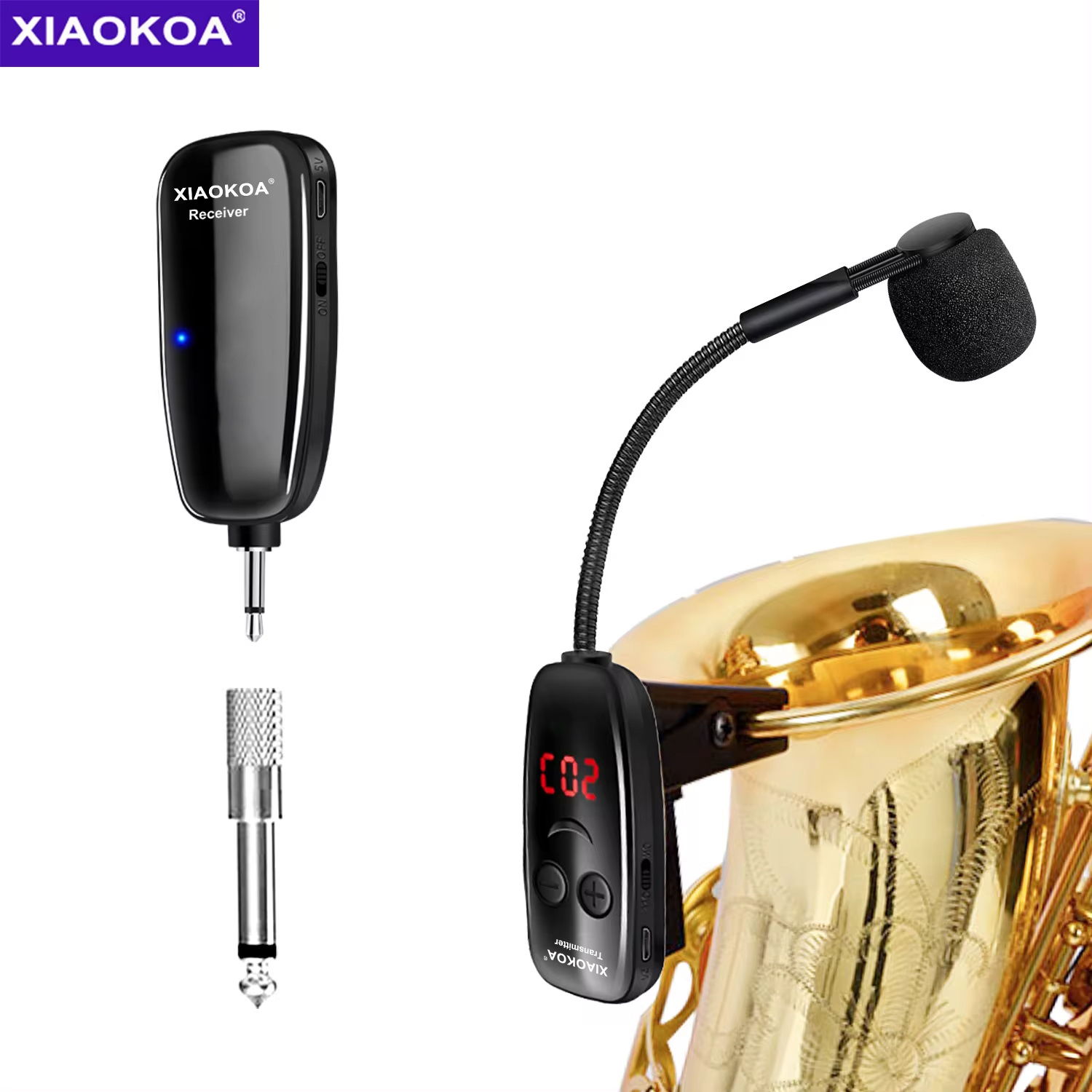 XIAOKOA UHFワイヤレス楽器サックスマイクワイヤレスレシーバートランスミッター、範囲160フィート、プラグアンドプレイ、トランペットに最適