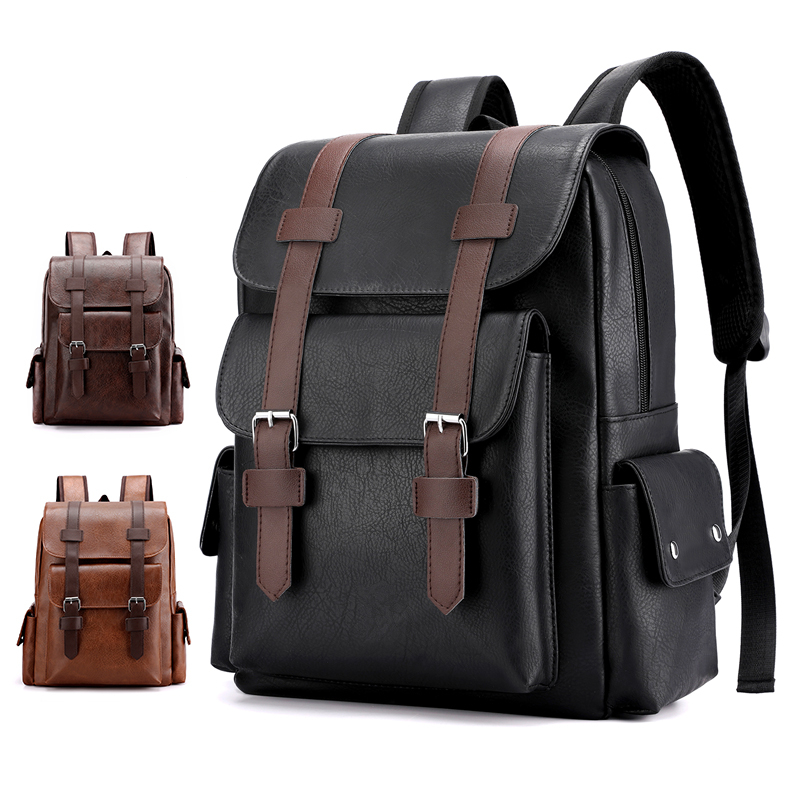 2023 男性バックパック Pu レザー Bagpack 大型ラップトップバックパック男性 Mochilas 黒通学ティーンエイジャーの男の子ブラウン嚢 A Dos