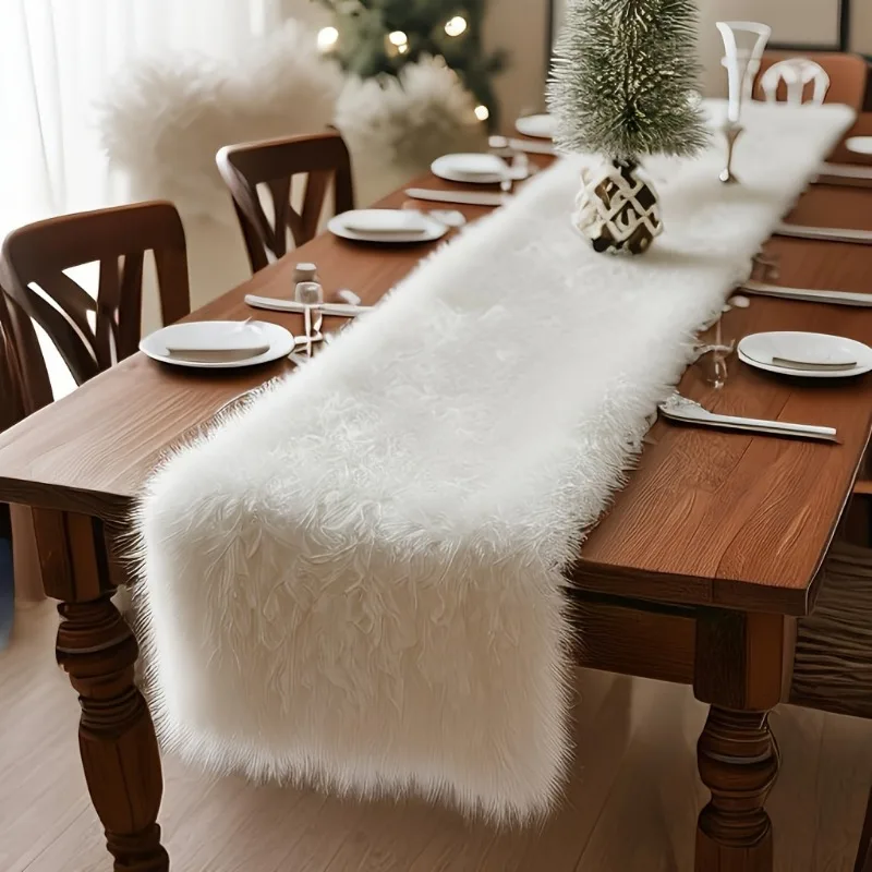 1 ピース/セット白ふわふわフリーステーブルランナークリスマス用ポリエステルホリデーテーブル装飾ぬいぐるみダイニングクロスフェスティバル装飾