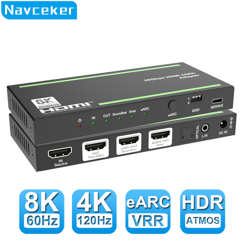 Navceke 4K 120Hz HDMI 2.1 eARC オーディオエクストラクター 48 Gbps HDMI eARC スプリッター 8K 60Hz eARC コンバーター PS5 XBox X Sonos サウンドバー用
