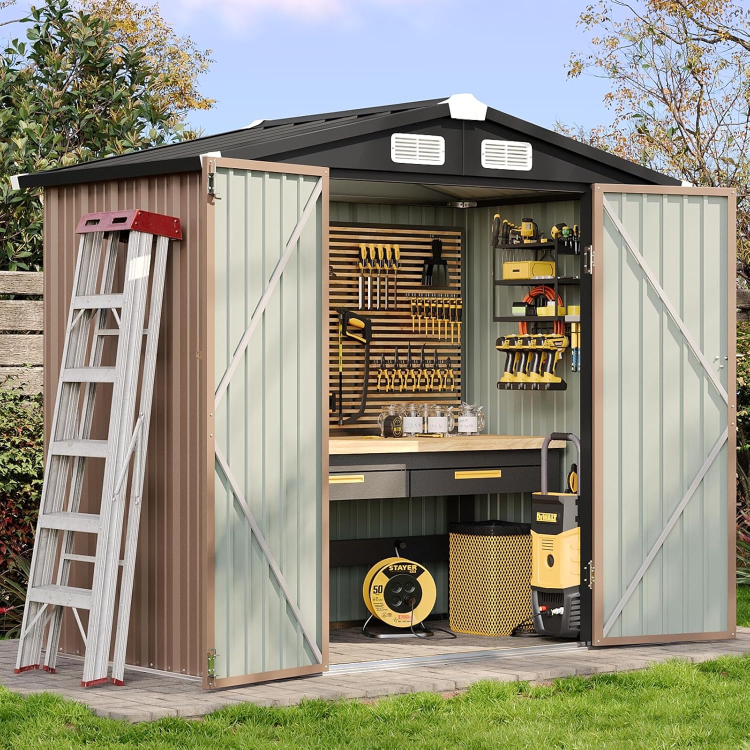 6フィートx4フィートの小屋 屋外保管庫 ロック可能なドア付き