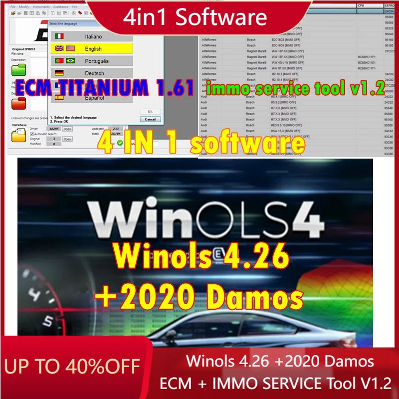 4in1 ソフトウェアには、Winols 4.26 2020 Damos ECM Titanium IMMO サービス ツール、自動車修理ソフトウェア、および完全なデータ Winols が含まれています