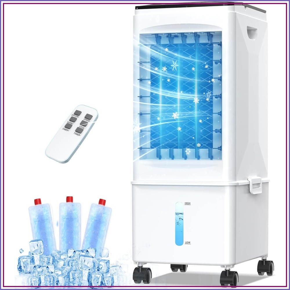 ポータブル空気冷却器、9.5Lタンク、リモコン付き3-in-1蒸発冷却器、タイマー、3スピード寝室オフィス用