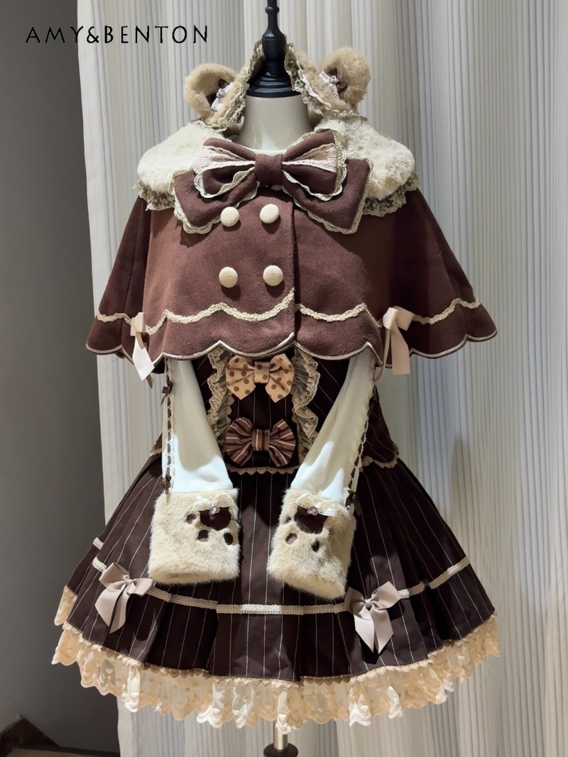 ロリータウールケープ女性日本のヴィンテージパッチワークカラーリボンレース襟フリルショートショールエレガントな妖精スタイルプリンセスコート