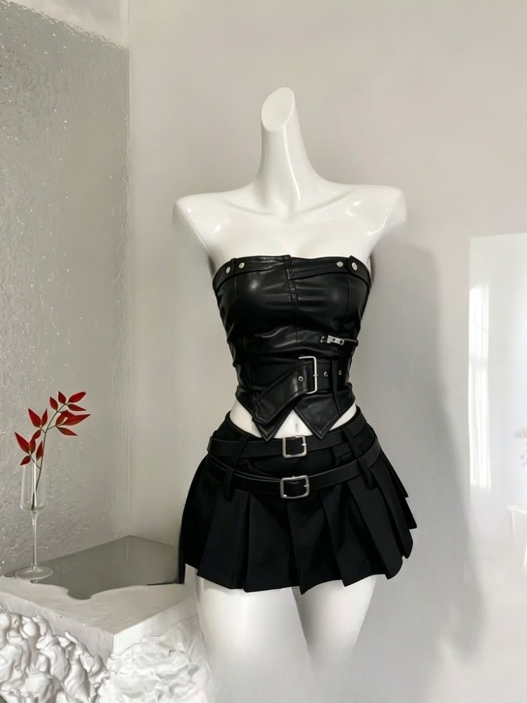 新しい夏 2 点セット女性のためのストラップレスレザートップスハイウエストデザインミニスカートシックなレトロセクシーなカジュアルスパイシーガール衣装