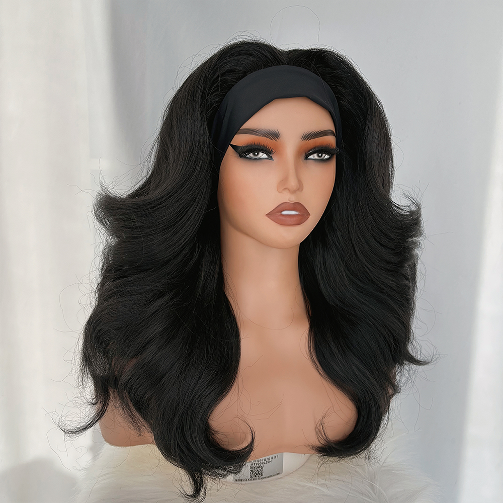 X-TRESS 合成ショートボディウェーブウェアアンドゴーウィッグ 黒色 18 インチ 焼き巻き毛 女性用 アフロヘッドバンド 合成かつら