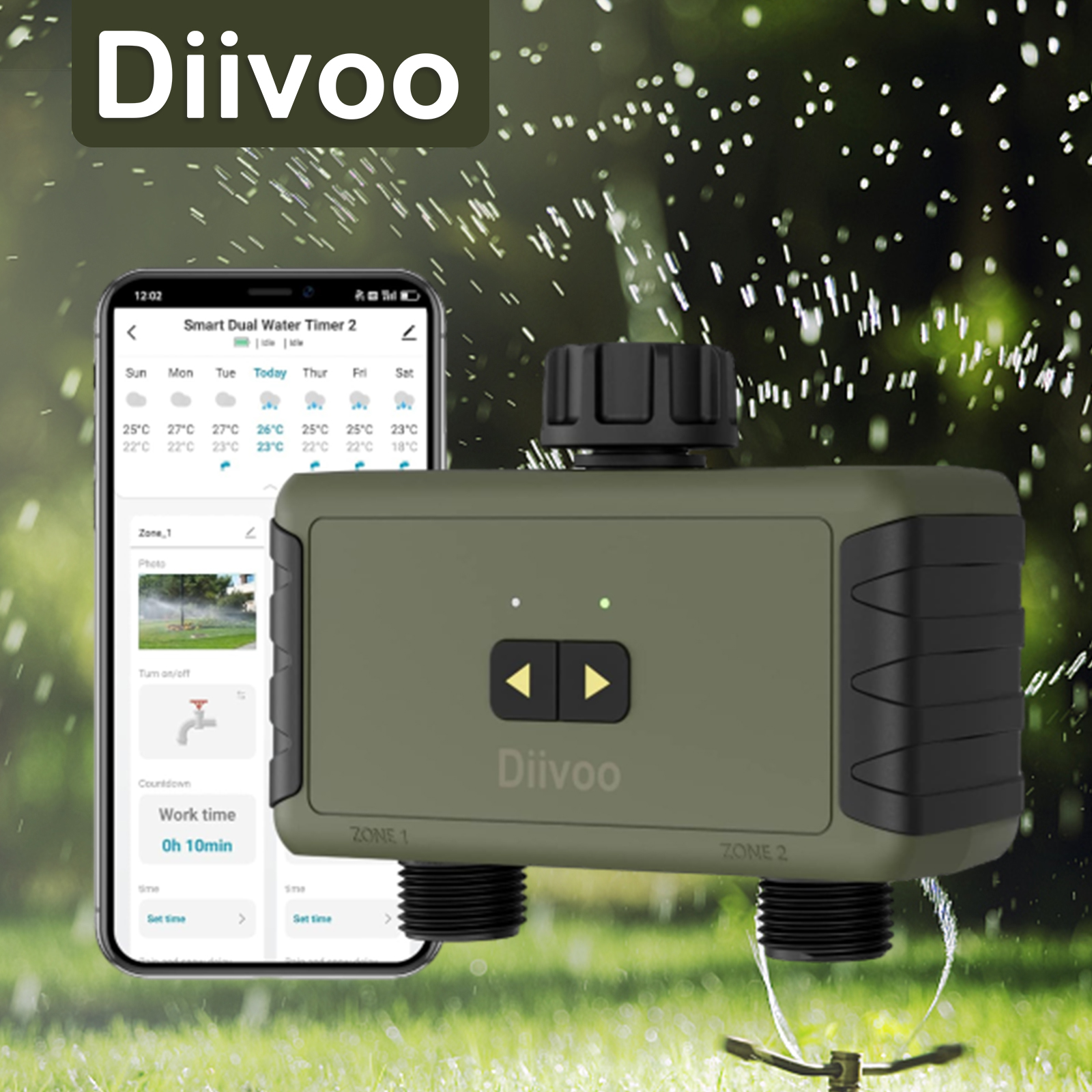 Diivoo 時限スプリンクラー Bluetooth スマート給水タイマー 庭のホース用 最大 20 の個別の散水スケジュール 雨遅延