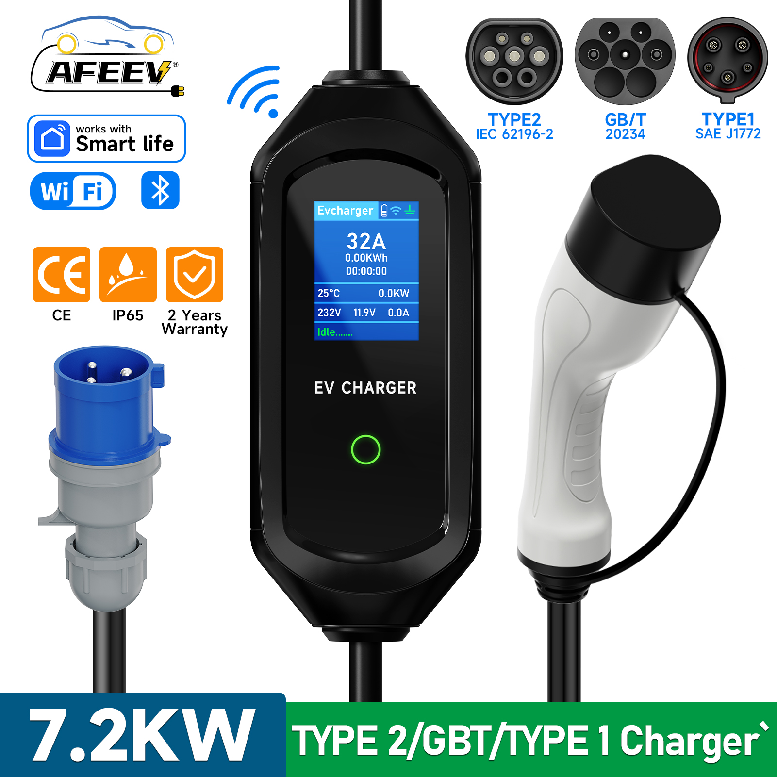 AFEEV 7.2KW ポータブル EV 充電器 Type2 IEC62196-2 電気自動車の充電器 32A EVSE 急速充電ケーブル APP Bluetooth 制御