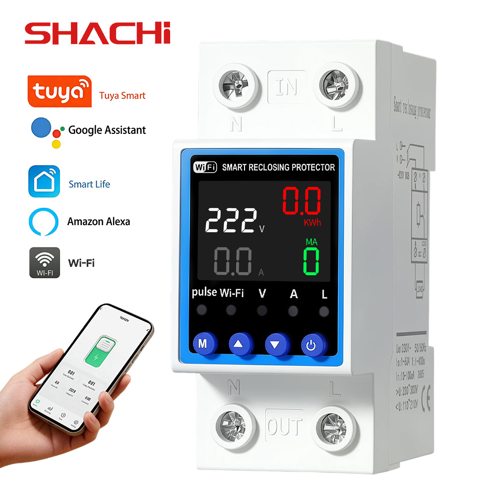 SHACHI Smart Life TUYA WiFi サーキットブレーカー 63A 110V 220VE エネルギーメーター計量タイマー、電圧および電流リーク保護付き