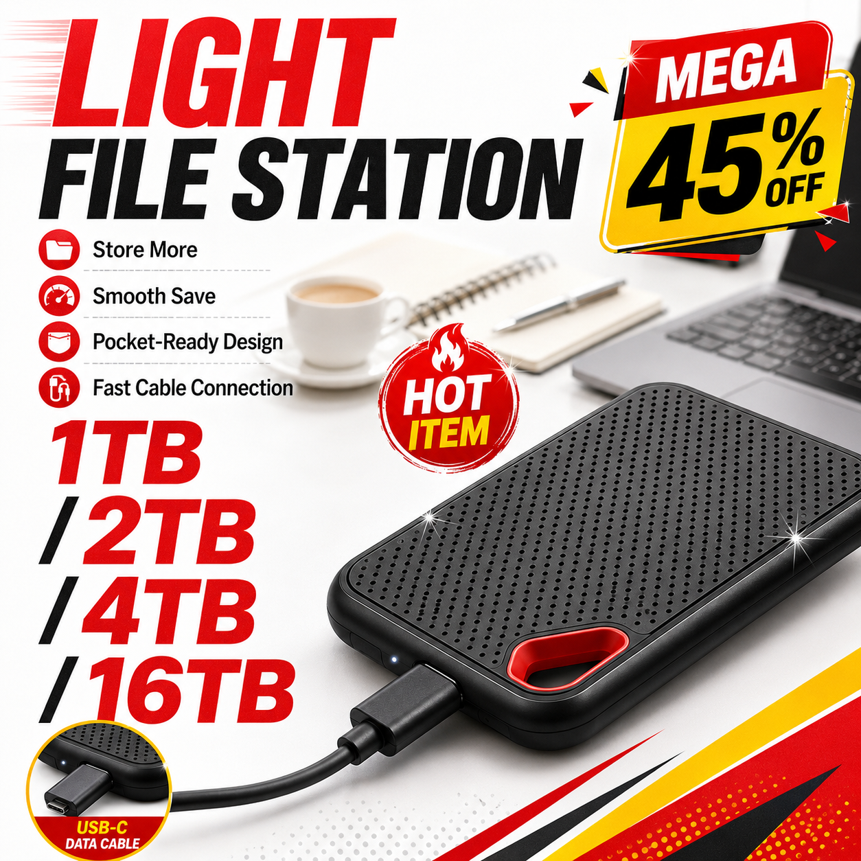 1TB ポータブル SSD 外付けハードドライブ USB 3.1 高速ストレージ ラップトップ/Mac/PC 用 コンパクト