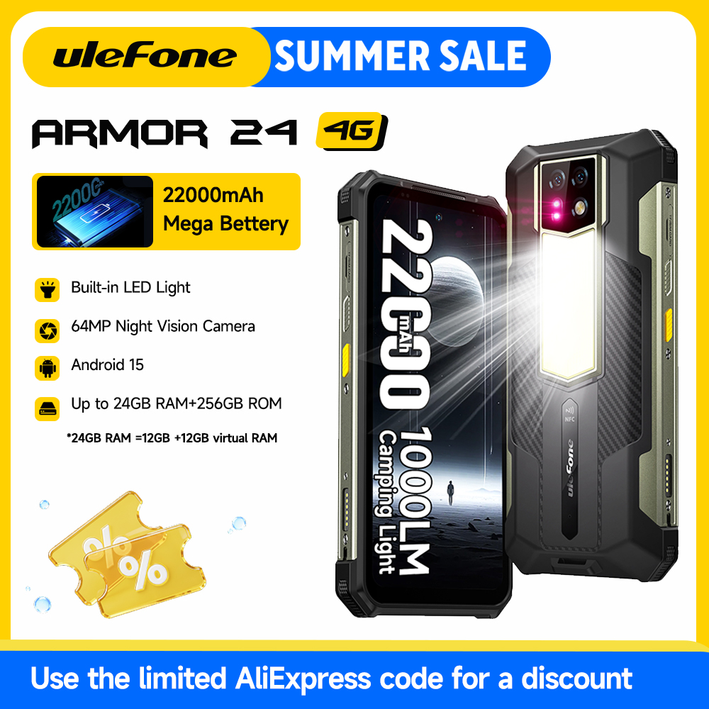 Ulefone Armor 24 頑丈なスマートフォン 22000mAh Android 15 LED キャンプライト 64MP ナイトビジョン 24GB 256GB 6.78" 120Hz 4G グローバル