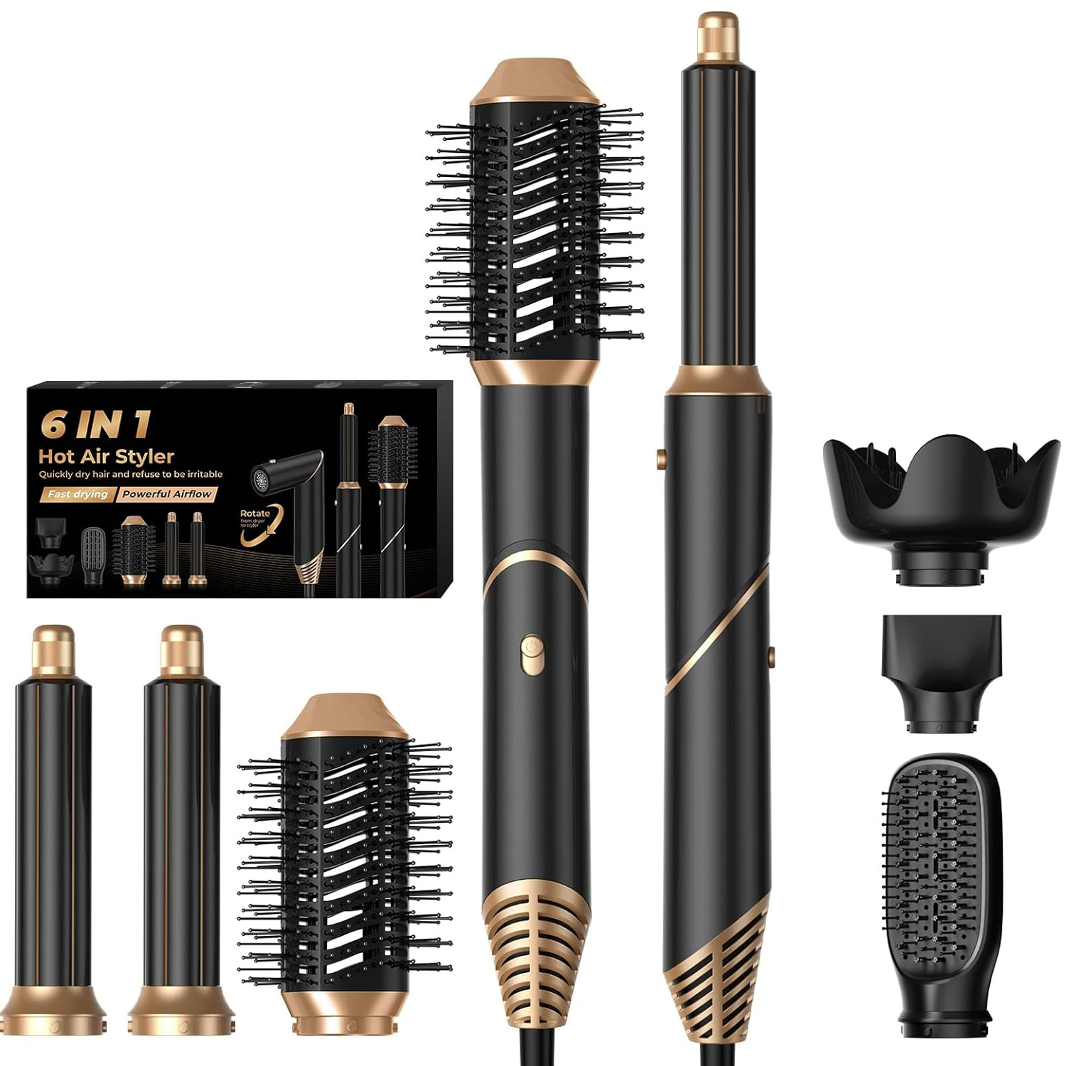6 in 1 熱風ブラシ ディフューザー付き折りたたみ式ヘアドライヤー 取り外し可能なブロードライヤー ブラシ ヘアドライヤー エアスタイラー ヘアカーラー カーリングワンド