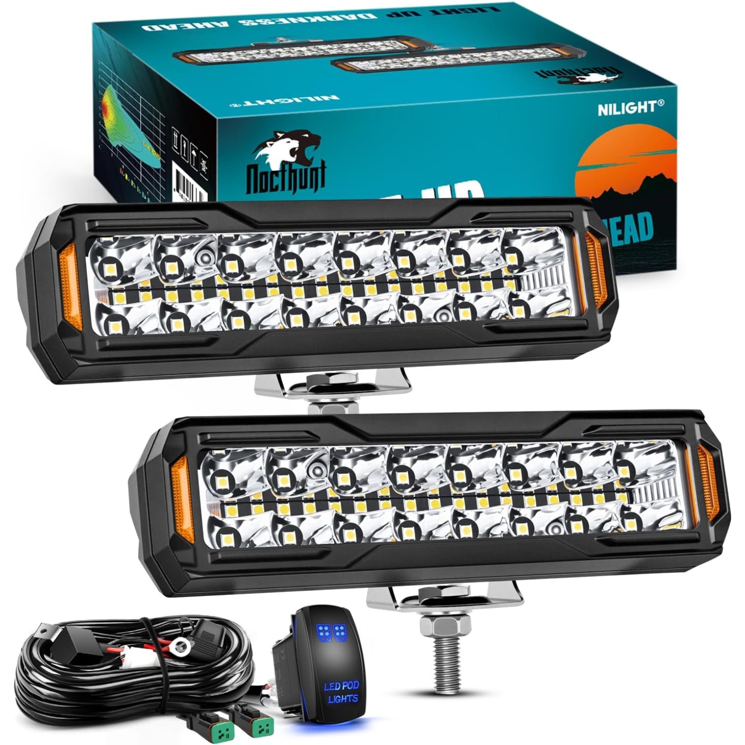 Nilight 6 インチ LED ライトバー 2 個 50W オフロード運転作業用フォグランプ スポットフラッドコンボ IP67 防水 18AWG ロッカースイッチ付き 配線ハーネスキット トラック ピックアップ SUV ATV UTV ボート オートバイ 4x4 車用