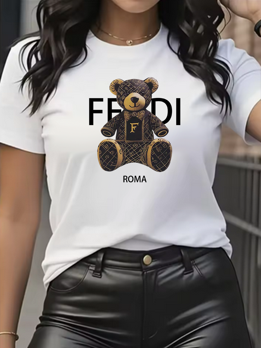夏グラフィック Tシャツ 半袖 クルーネック 柔らかく快適 春 レディース ライトブルー カジュアル テディベア