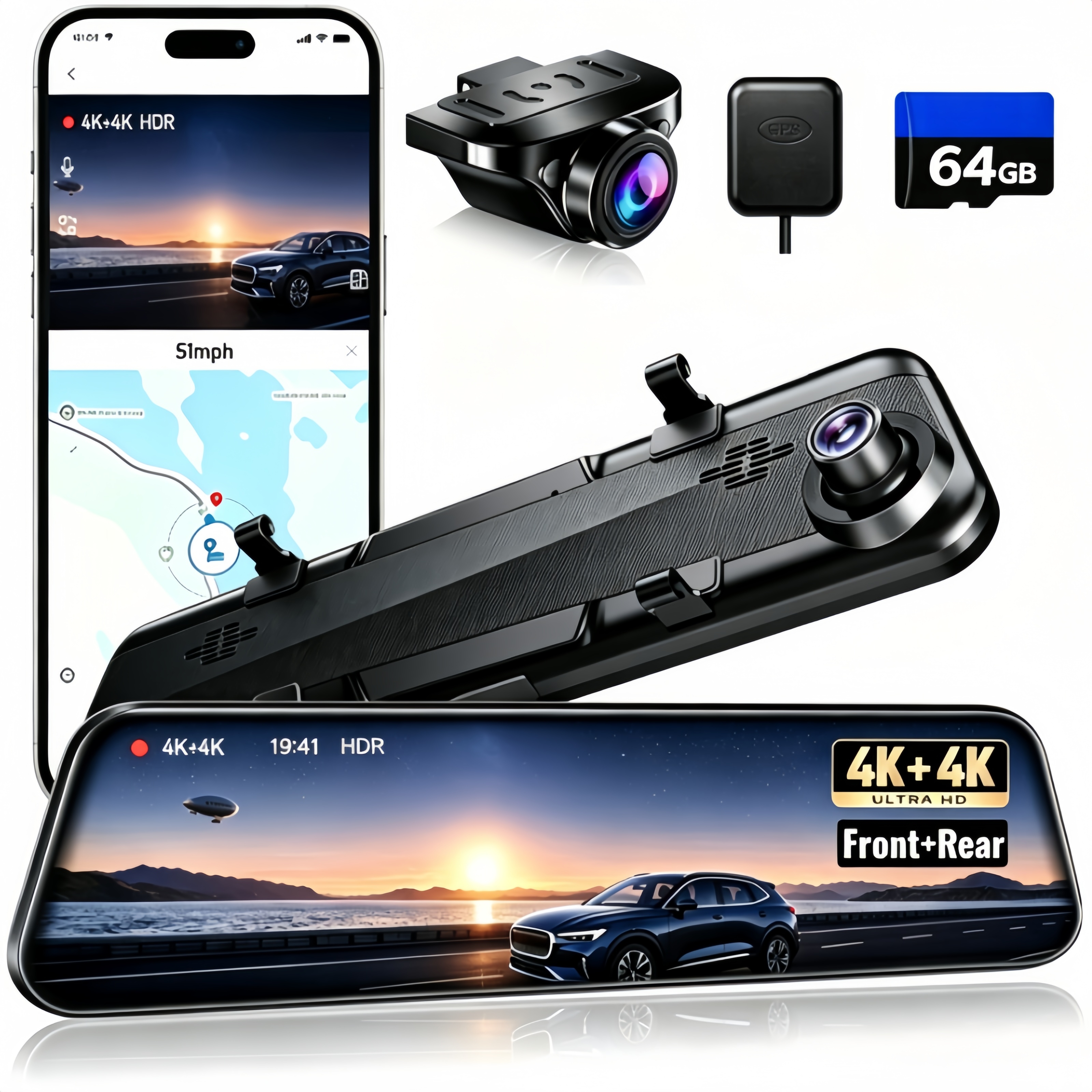 X12 PRO 4K 4K ミラーダッシュカム、ADAS、BSD、LCA 付き、12 インチ IPS スクリーンスマートリアビューミラー、5.8GHz WiFi 付き、音声制御、12 インチカメラ、64GB カード、GPS、G センサー、ループ録画付き