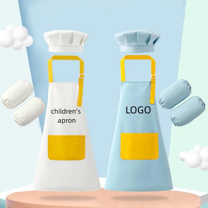 子供の防水エプロン 3 点セットシェフ帽子カスタムロゴ幼稚園絵画手作りベーキングカバー印刷名