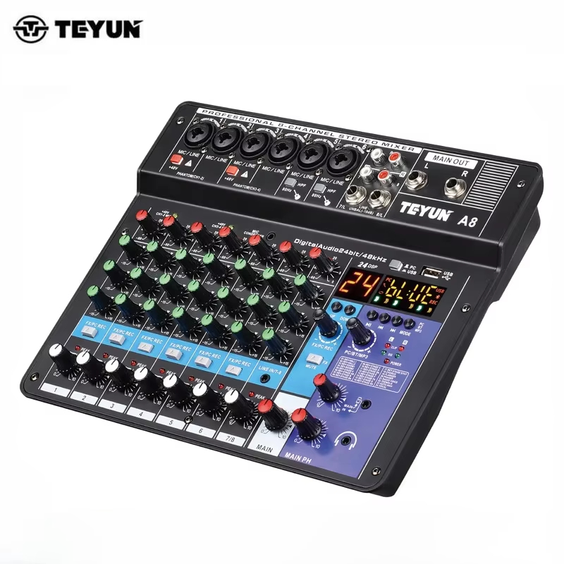 TEYUN 8 チャンネルオーディオミキサープロフェッショナルポータブル DJ ミキサーサウンドテーブルボードデジタル MP3 コンピュータ入力 48v 電源番号 A6 A8