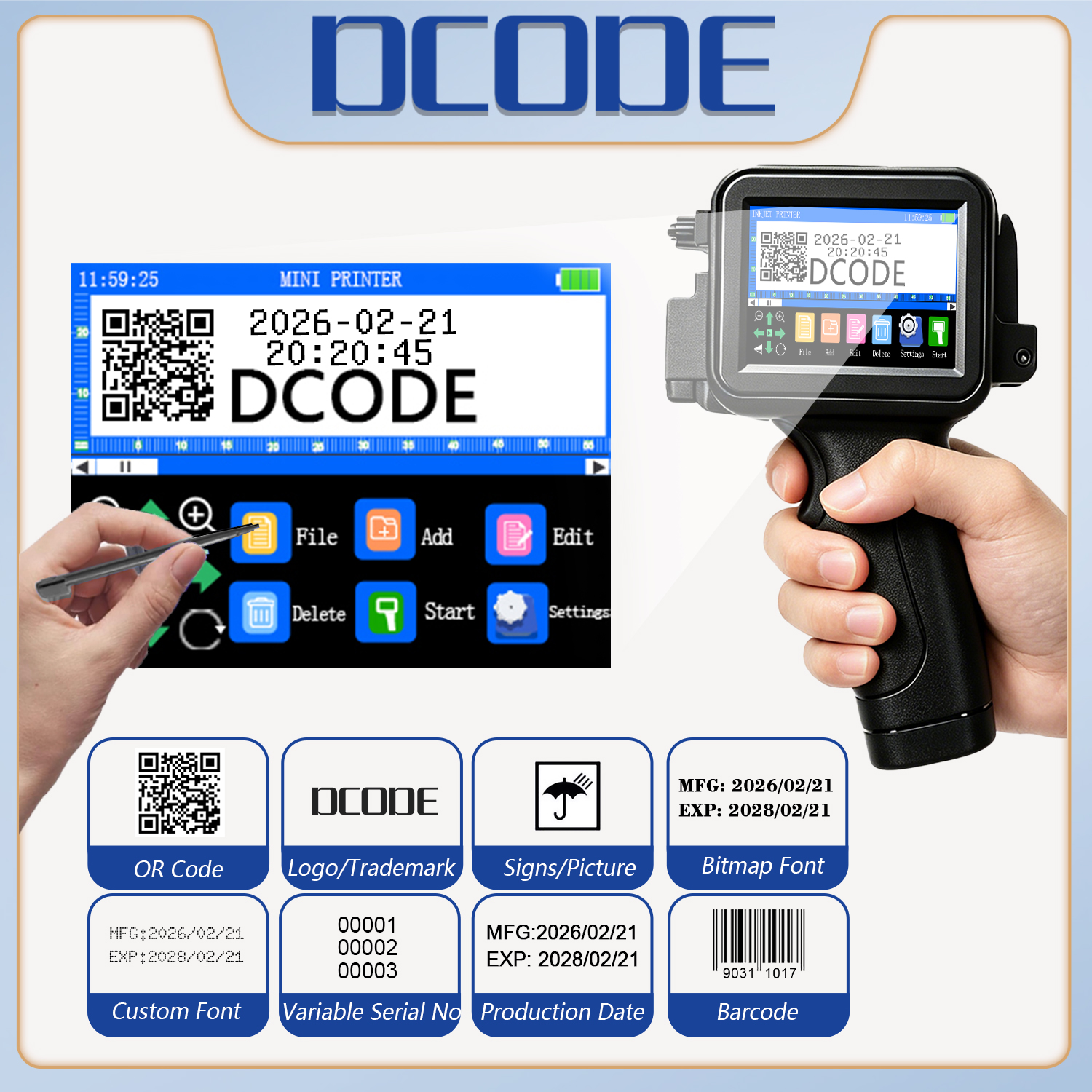 DCODE XTMINI 12.7 ミリメートルハンドヘルドインクジェットプリンタポ​​ータブルプリンタテキスト QR バーコードバッチ番号ロゴ画像日付印刷機