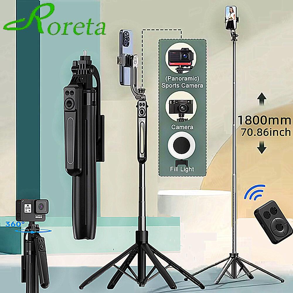 Roreta 1.8m 自撮り棒三脚 iPhone 16 15 14 13 Pro Max Android Phone 用 ワイヤレス Bluetooth リモコン電話ホルダー付き