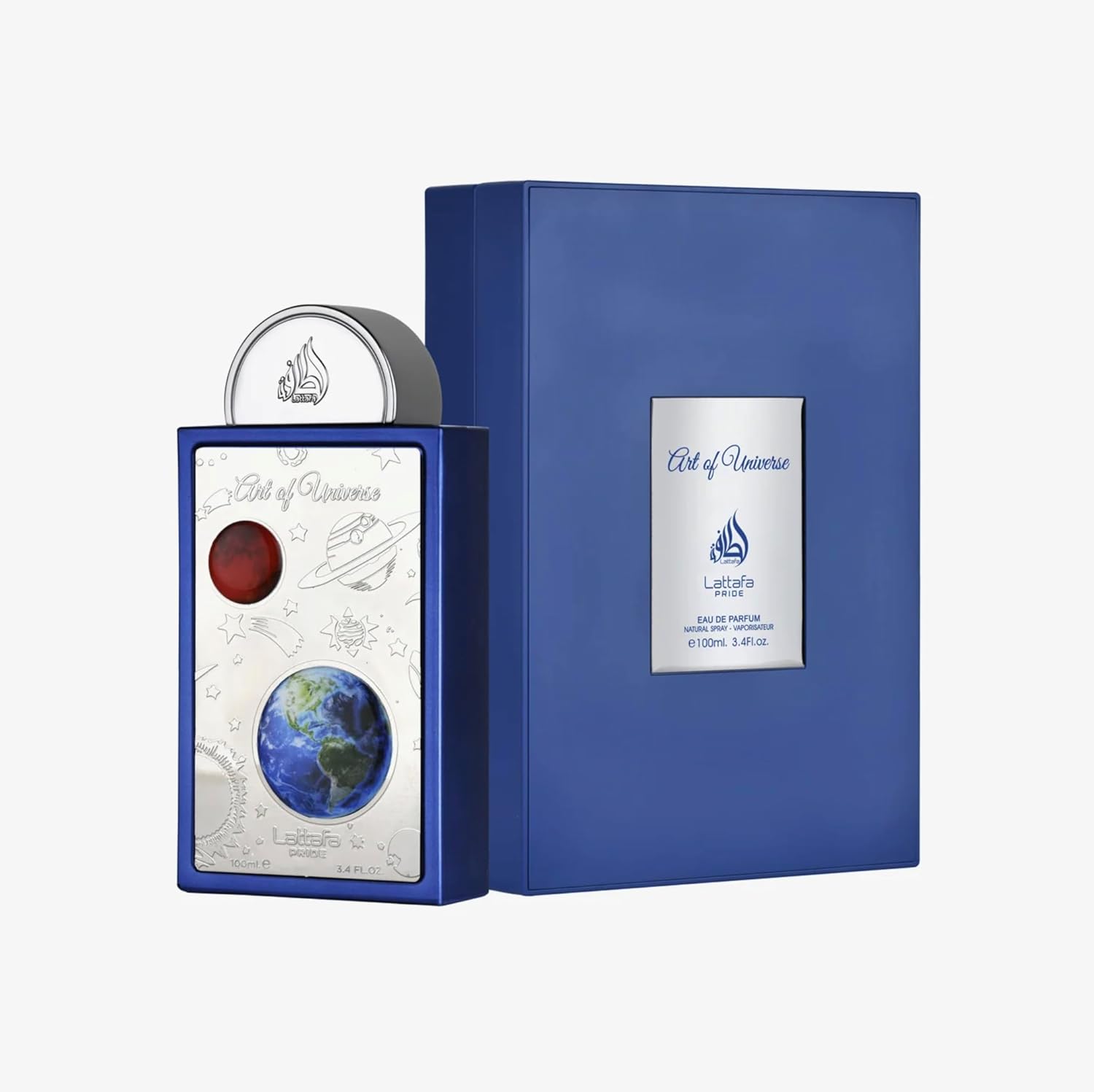 Cosmic Art ユニセックス香水 100ml、エンボス加工されたシルバーの銀河と宇宙のパネルが付いたディープブルーのスクエアボトル、3D 象嵌された地球と火星、シルバーのドームキャップ、マットピュアブルー、マッチングギフトボックス、フレッシュでクリアなアクア
