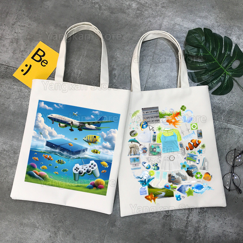 Frutiger Aero ハンドバッグ熱い販売ファッションハンドバッグキャンバスバッグトートレディースカジュアルショルダーバッグ再利用可能なショッピングバッグ