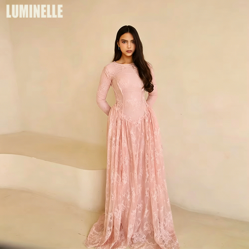 Lace Pink Evening Dresses A-line Floor Length فساتين سهرة Long Sleeve O-neck Customized Empire Waist Charming Party Gowns