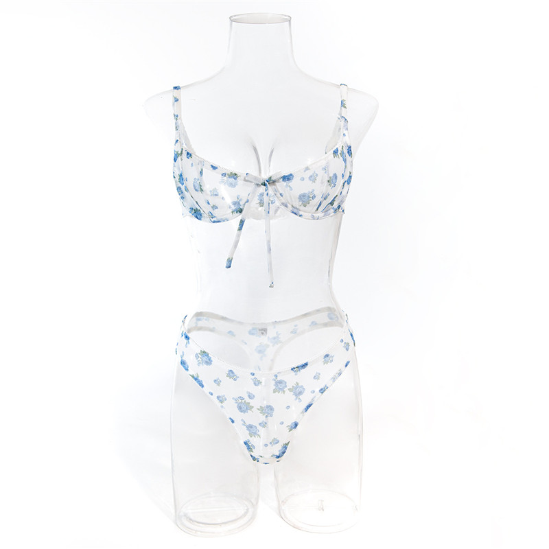 Female Sexy Lingerie Set Thin Printed Romantic Bow Bra Brief Set Seamless Luxury Underwear Flowers Fashion Underwire Exotic Set