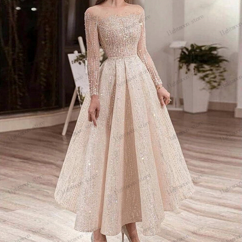 光沢のあるイブニングドレス A ラインウエディングドレスフルスリーブティーレングス夜会服スパンコールアップリケカクテル Vestidos デ ガラカスタマイズ