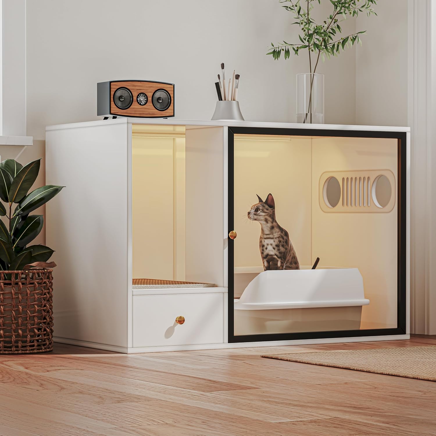 猫用トイレエンクロージャ家具スタイル、白い大きな隠しガラスドアキティ猫キャビネット、ライトと収納付き、カスタマイズ