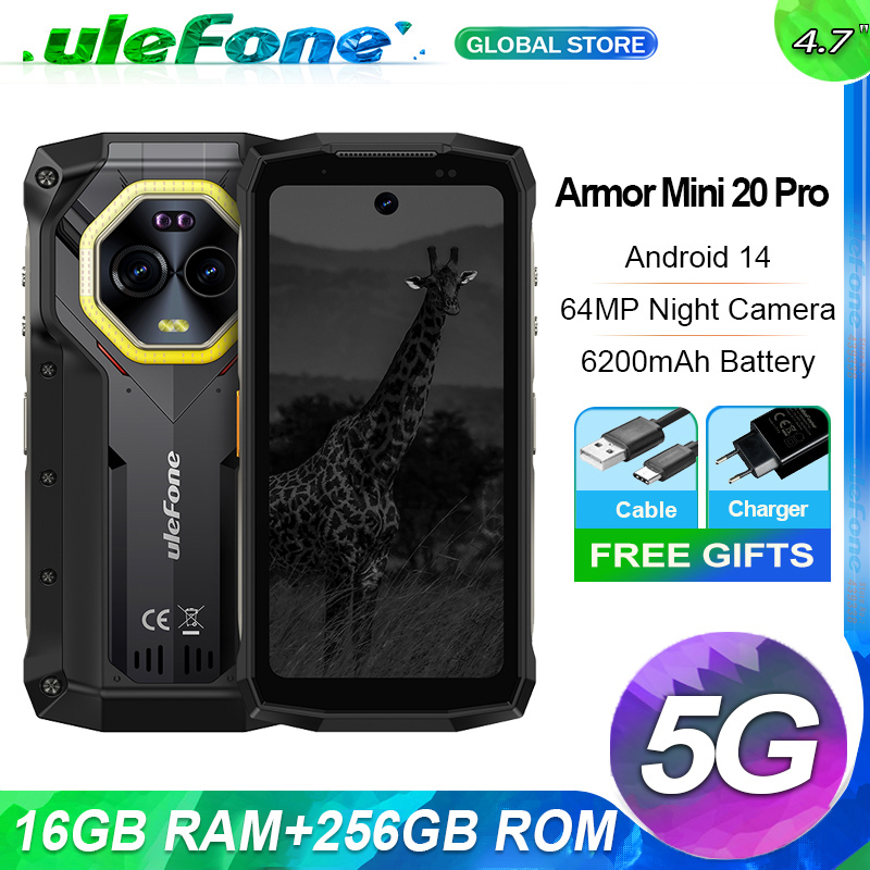 Ulefone Armor Mini 20 Pro、16GB(8 8) 256GB、5G頑丈、6200mAh、Android 14、33W充電、64MPナイトカメラLEDライト、グローバルバージョン
