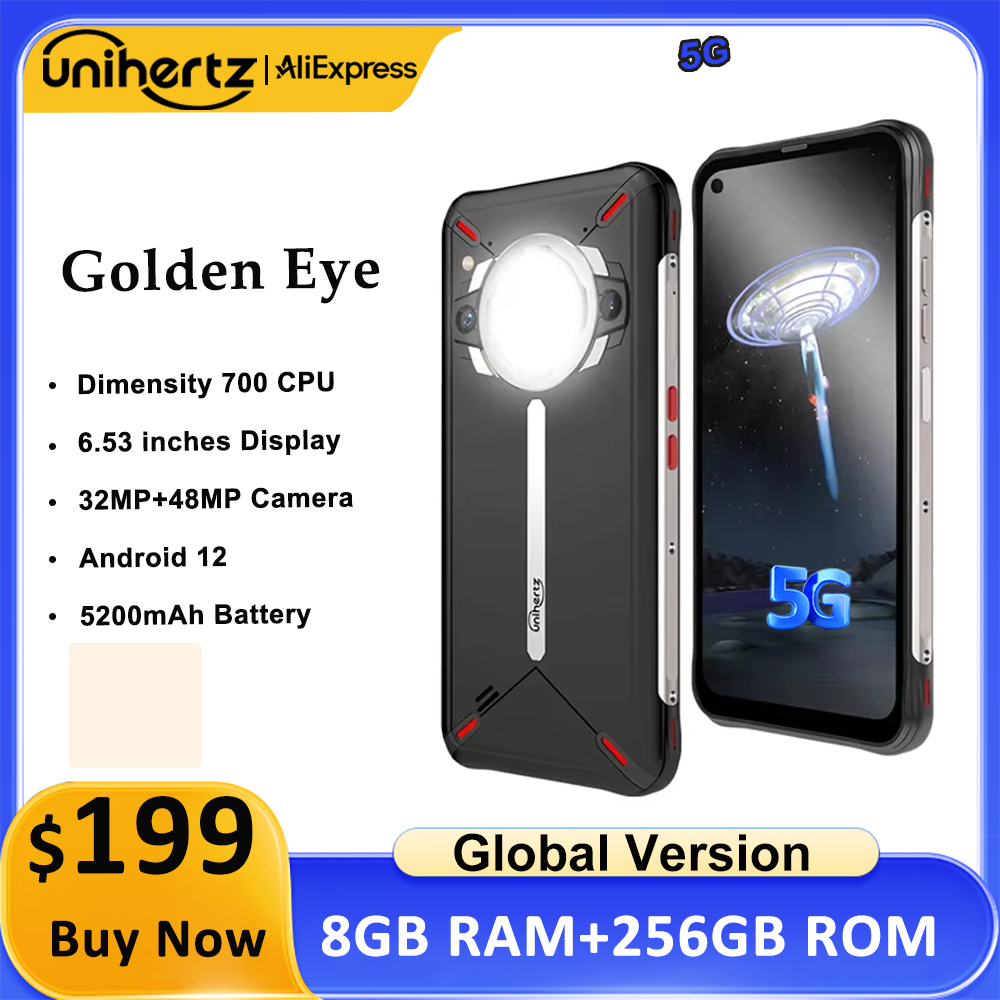 Unihertz Golden Eye 5g超スリム頑丈なスマートフォンキャンプライト8GB 256GB 64MPカメラ携帯電話、携帯電話、30W、5200mAh