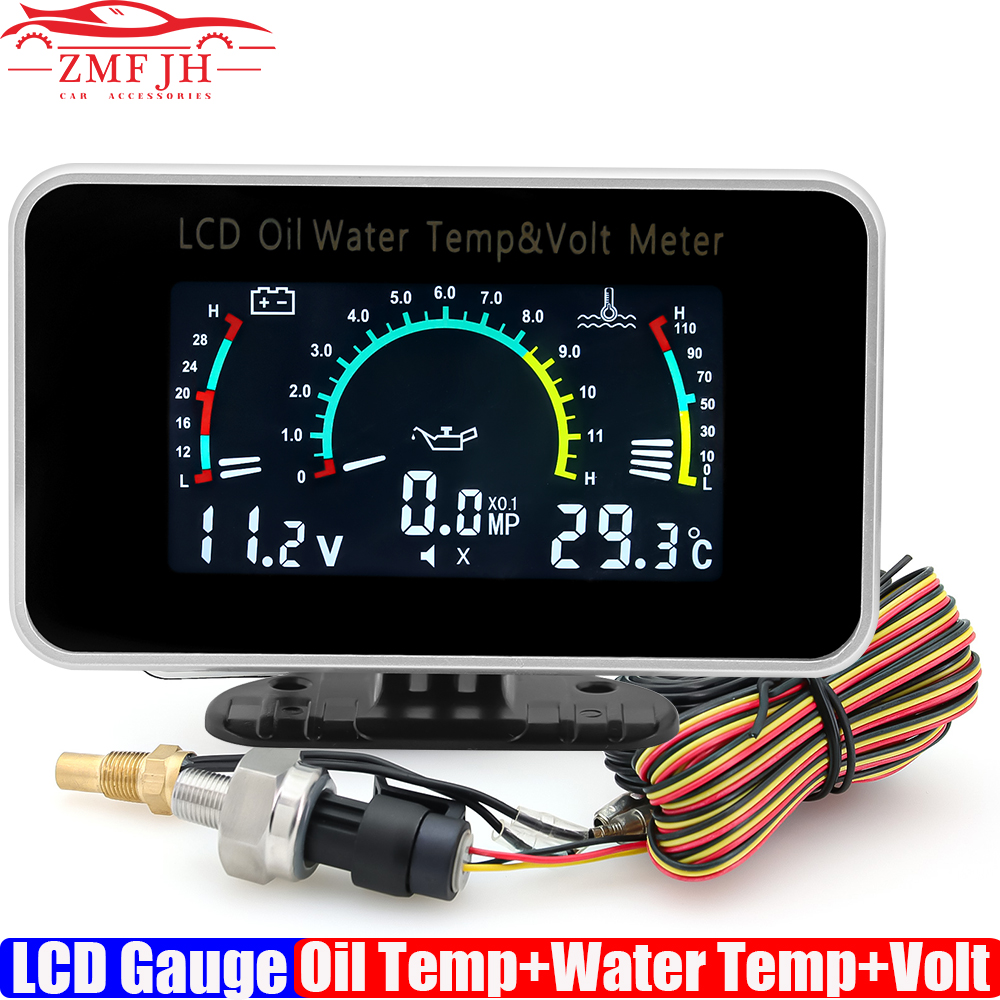 3 IN 1 LCDゲージ多機能油温水温電圧計センサー1/8NPTトラック用12V24V