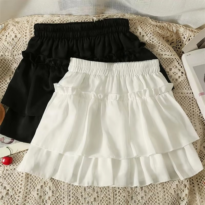 夏かわいい白フリルスカートの女性のファッションスリムフィットシフォンミニスカート Giris Y2k すべて一致弾性ハイウエスト黒段 Faldas