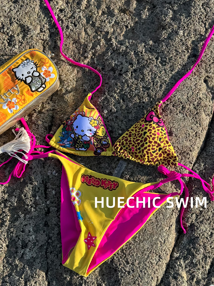 かわいい日本ハローキティホットガールスプリットストラップ夏の女性のビキニシーサイドファッションリゾート水着ヒョウ柄漫画