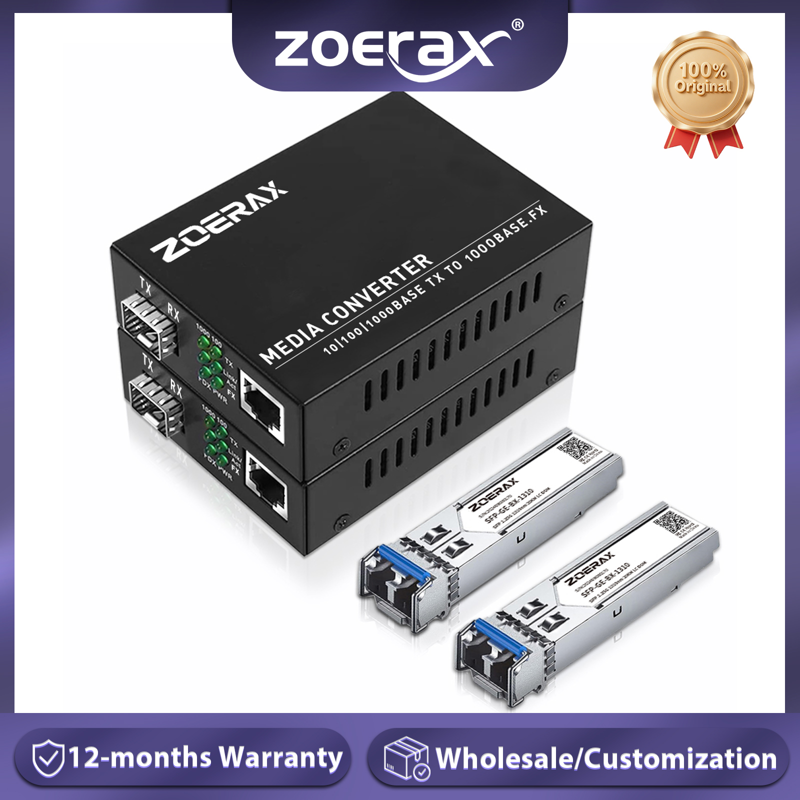 ZoeRax SFP LC シングルモードファイバー - RJ45 イーサネットメディアコンバーター ギガビット光ファイバートランシーバー、1.25Gbps SFP LC モジュール付き
