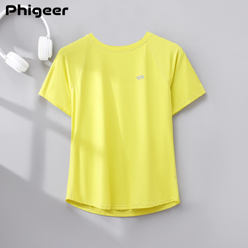 PHIGEER ランニングトップス女性スポーツシャツジムヨガトップ通気性半袖 Tシャツドライフィットブラウスフィットネスワークアウトトップ