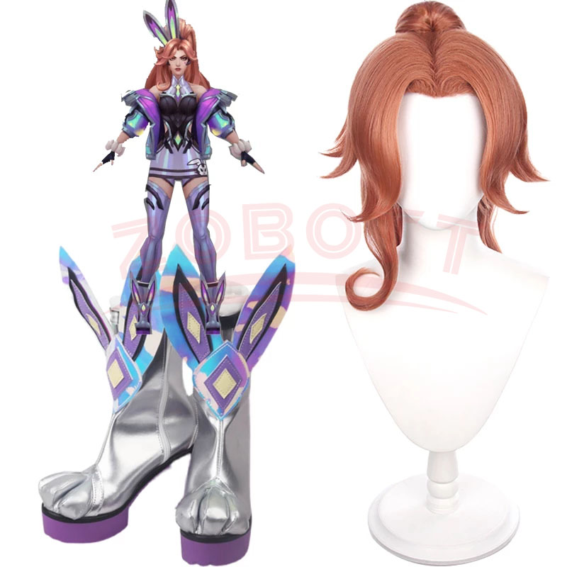 LOL バトルバニーミスフォーチュン靴コスプレ女性ブーツ LOL ミスフォーチュンコスプレウィッグ 80 センチメートルロングブラウンポニーテールヘアキャップ