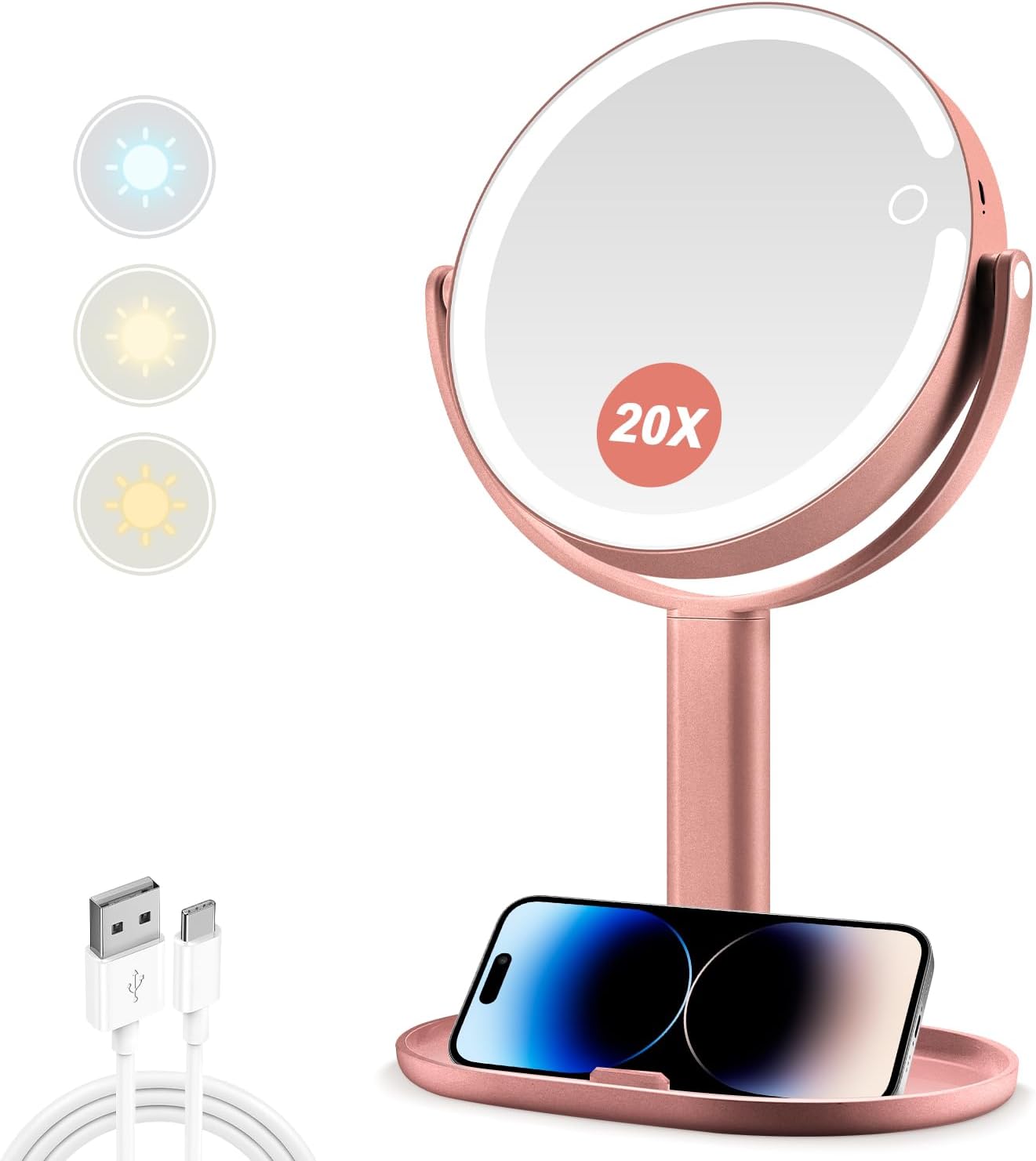 ライト付き20倍拡大化粧鏡、80個のLED、3色、タッチ調光器、2000mAhバッテリー、ローズゴールド